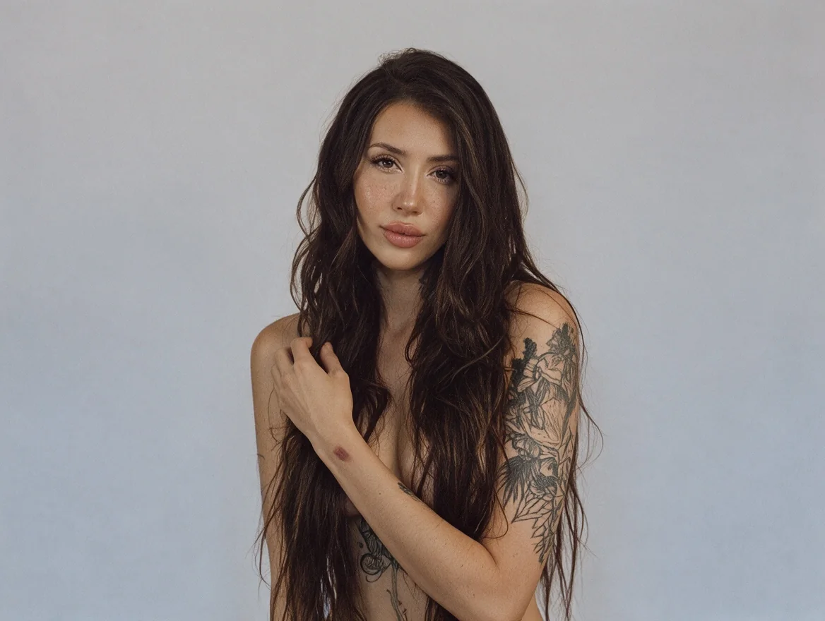 Portrait of Juliette with long dark hair, looking straight at the camera